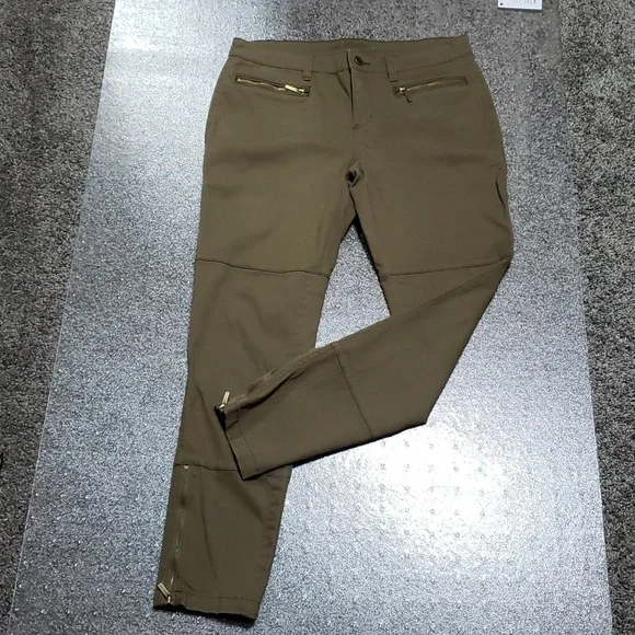 Michael Kors Olive Green Gold Zipper Cuff Pants Size 6 - Picture 1 of 16
